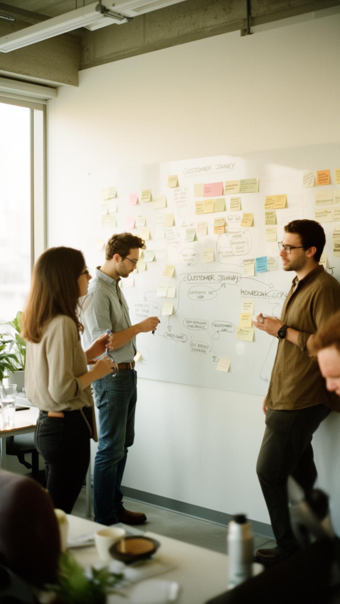 Cross-functional Product Team an einem Whiteboard mit Customer Journey Map